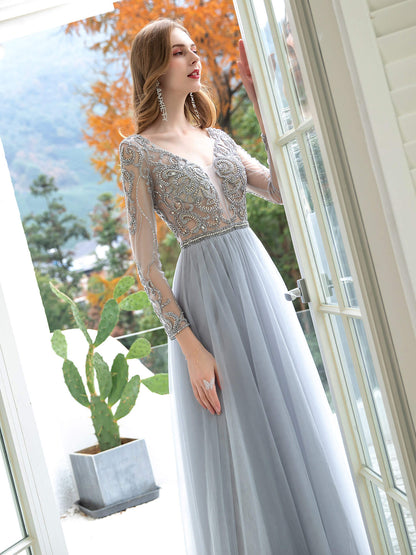 NumberSea A-Line Tulle Beaded Luxurious Sexy Formal Evening Dresses Long Sleeves Floor Length