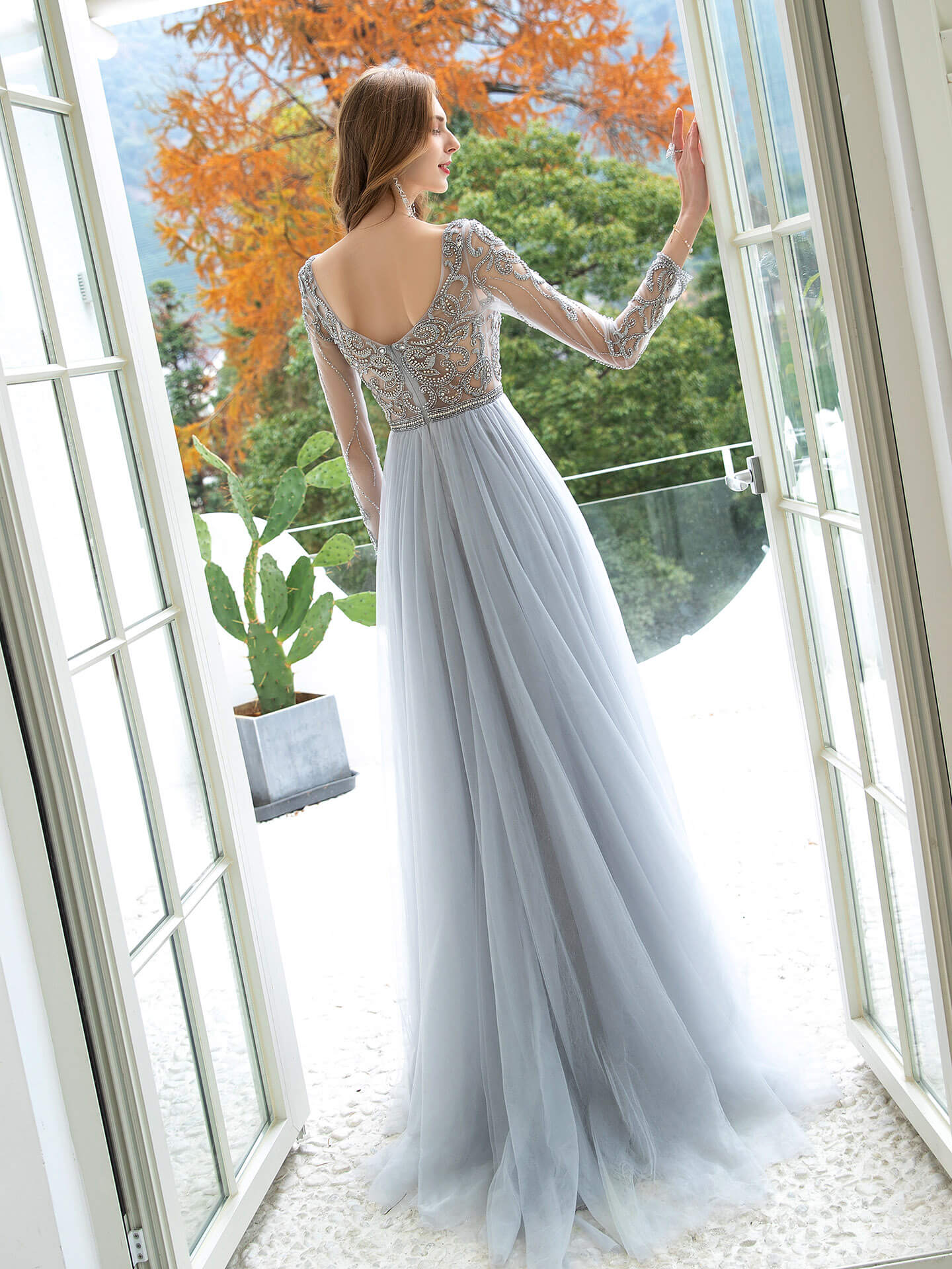 NumberSea A-Line Tulle Beaded Luxurious Sexy Formal Evening Dresses Long Sleeves Floor Length