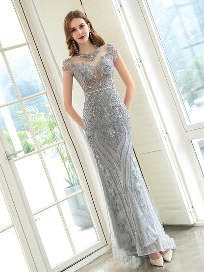 Numbersea Mermaid / Trumpet Beaded Luxurious Sexy Formal Evening Dresses Cap Sleeves Floor Length