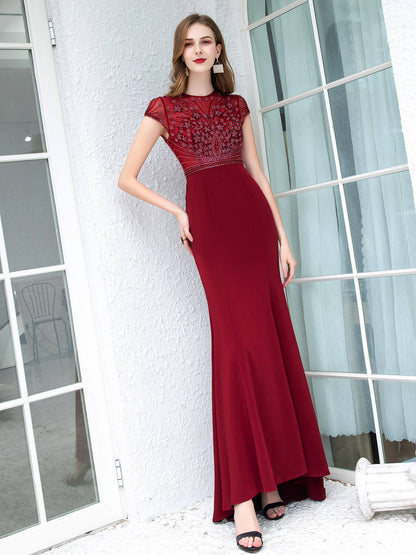 NumberSea - Numbersea Mermaid / Trumpet Max Chiffon Beaded Luxurious Sexy Formal Evening Dresses Cap Sleeves Floor Length