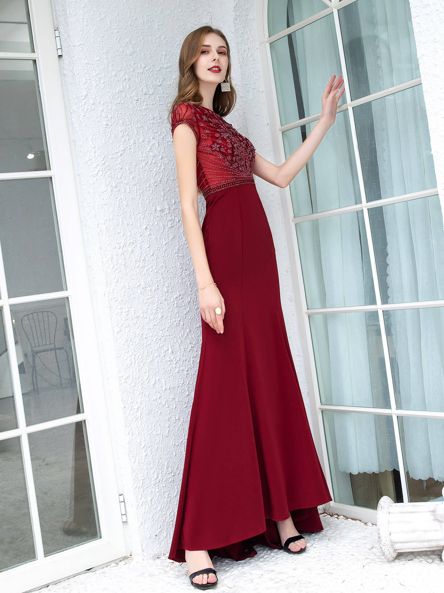 NumberSea - Numbersea Mermaid / Trumpet Max Chiffon Beaded Luxurious Sexy Formal Evening Dresses Cap Sleeves Floor Length