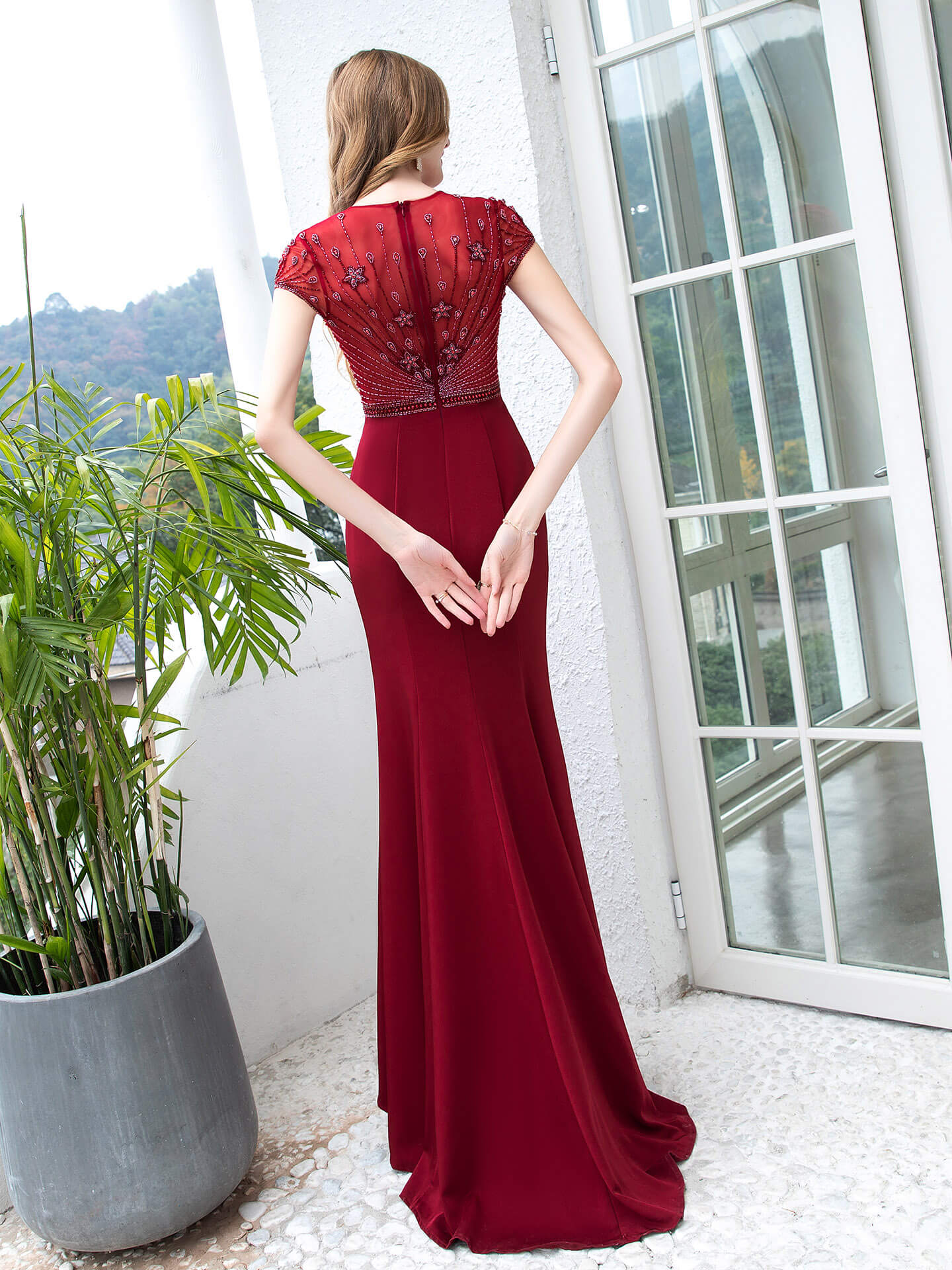 NumberSea - Numbersea Mermaid / Trumpet Max Chiffon Beaded Luxurious Sexy Formal Evening Dresses Cap Sleeves Floor Length