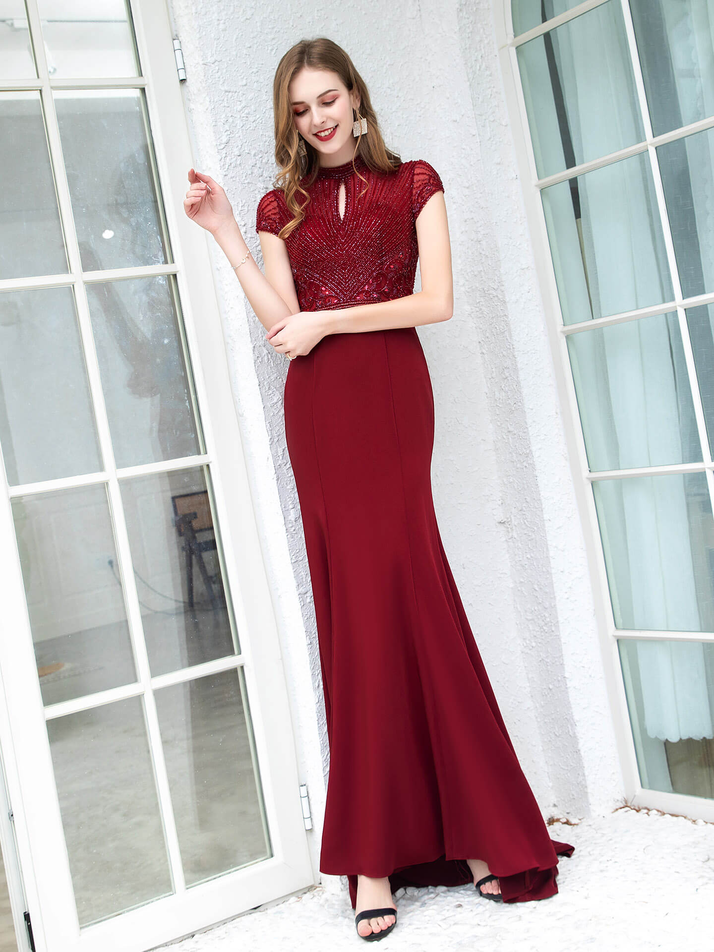 NumberSea - Numbersea Mermaid / Trumpet Max Chiffon Beaded Luxurious Sexy Formal Evening Dresses Cap Sleeves Floor Length Prom Dresses