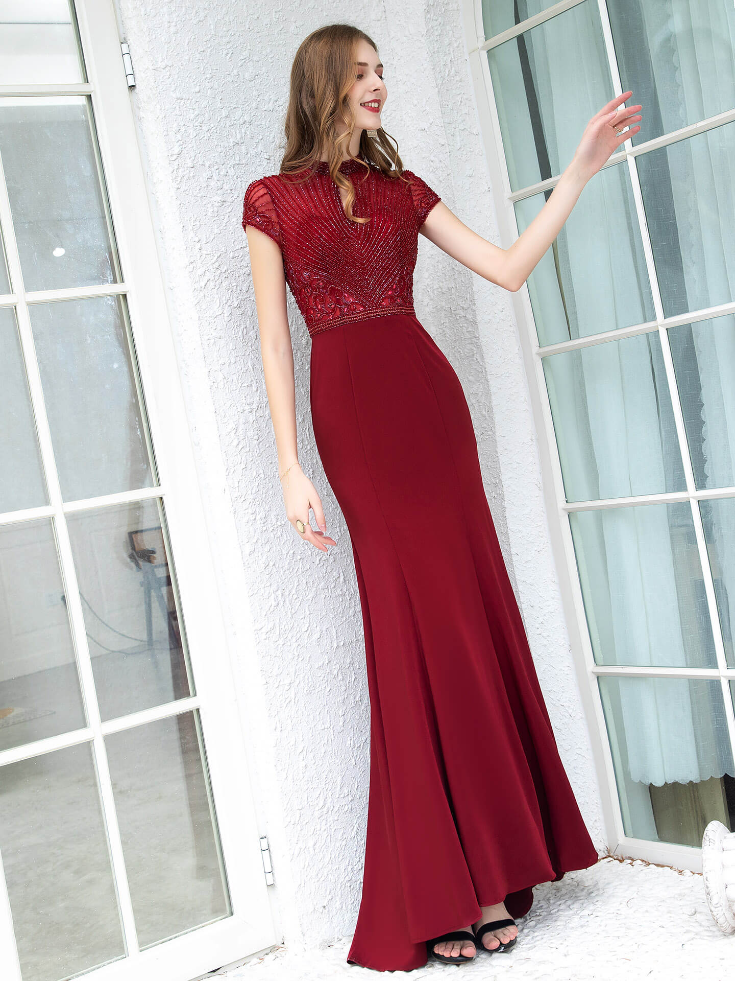 NumberSea - Numbersea Mermaid / Trumpet Max Chiffon Beaded Luxurious Sexy Formal Evening Dresses Cap Sleeves Floor Length Prom Dresses