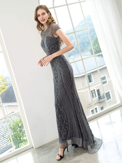 Numbersea Mermaid / Trumpet Beaded Luxurious Sexy Formal Evening Dresses Cap Sleeve Floor Length Prom Dresses