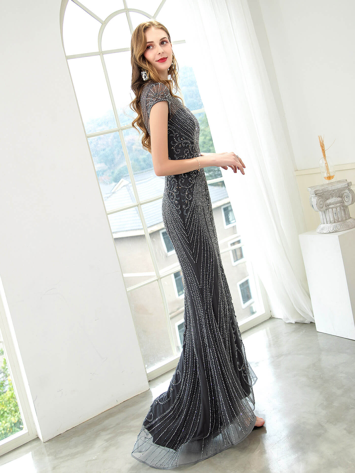 Numbersea Mermaid / Trumpet Beaded Luxurious Sexy Formal Evening Dresses Cap Sleeve Floor Length Prom Dresses