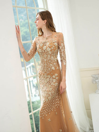 Numbersea Mermaid / Trumpet V-neck Beaded Luxurious Sexy Formal Evening Dresses Long Sleeve Floor Length Prom Dresses