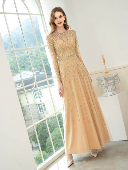 NumberSea - A - line Beaded Luxurious Fashion Formal Evening Dresses Long Sleeve Floor Length Prom Dresses