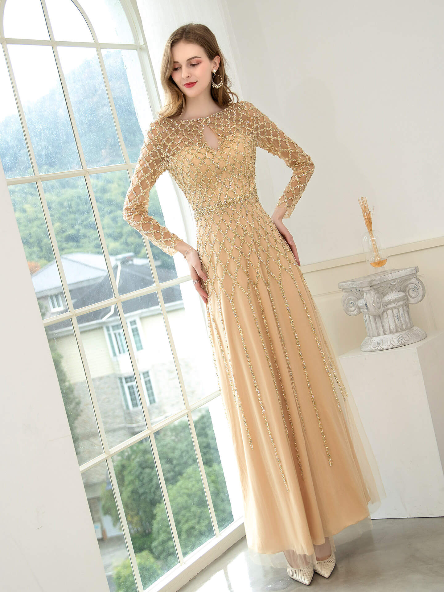 NumberSea - A - line Beaded Luxurious Fashion Formal Evening Dresses Long Sleeve Floor Length Prom Dresses