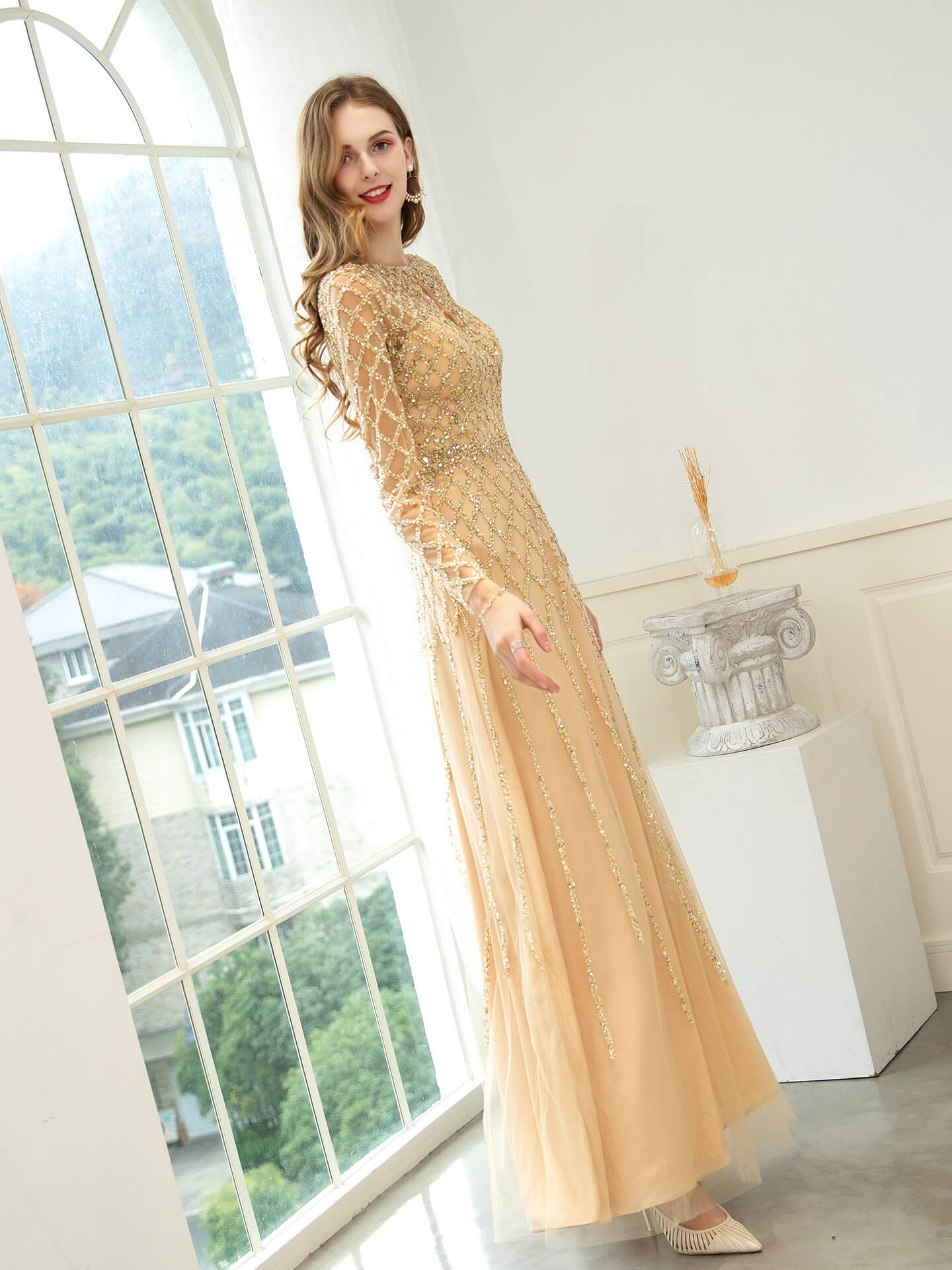 NumberSea - A - line Beaded Luxurious Fashion Formal Evening Dresses Long Sleeve Floor Length Prom Dresses