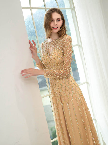 NumberSea - A - line Beaded Luxurious Fashion Formal Evening Dresses Long Sleeve Floor Length Prom Dresses