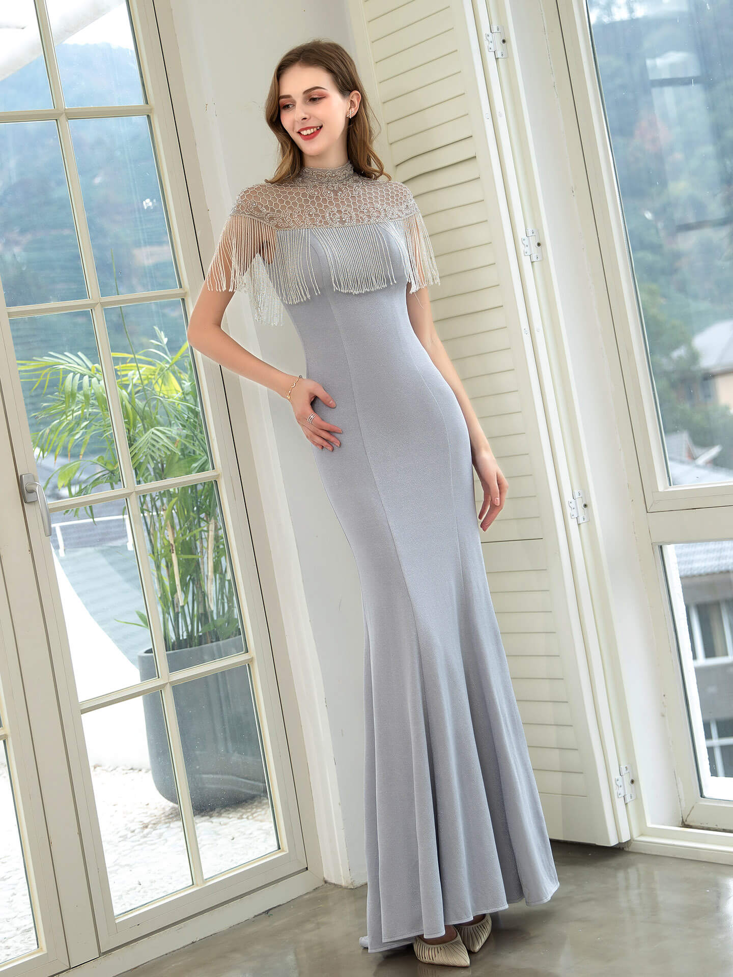 Numbersea Mermaid Beaded Luxurious Fashion Formal Evening Dresses Short Sleeves Floor Length