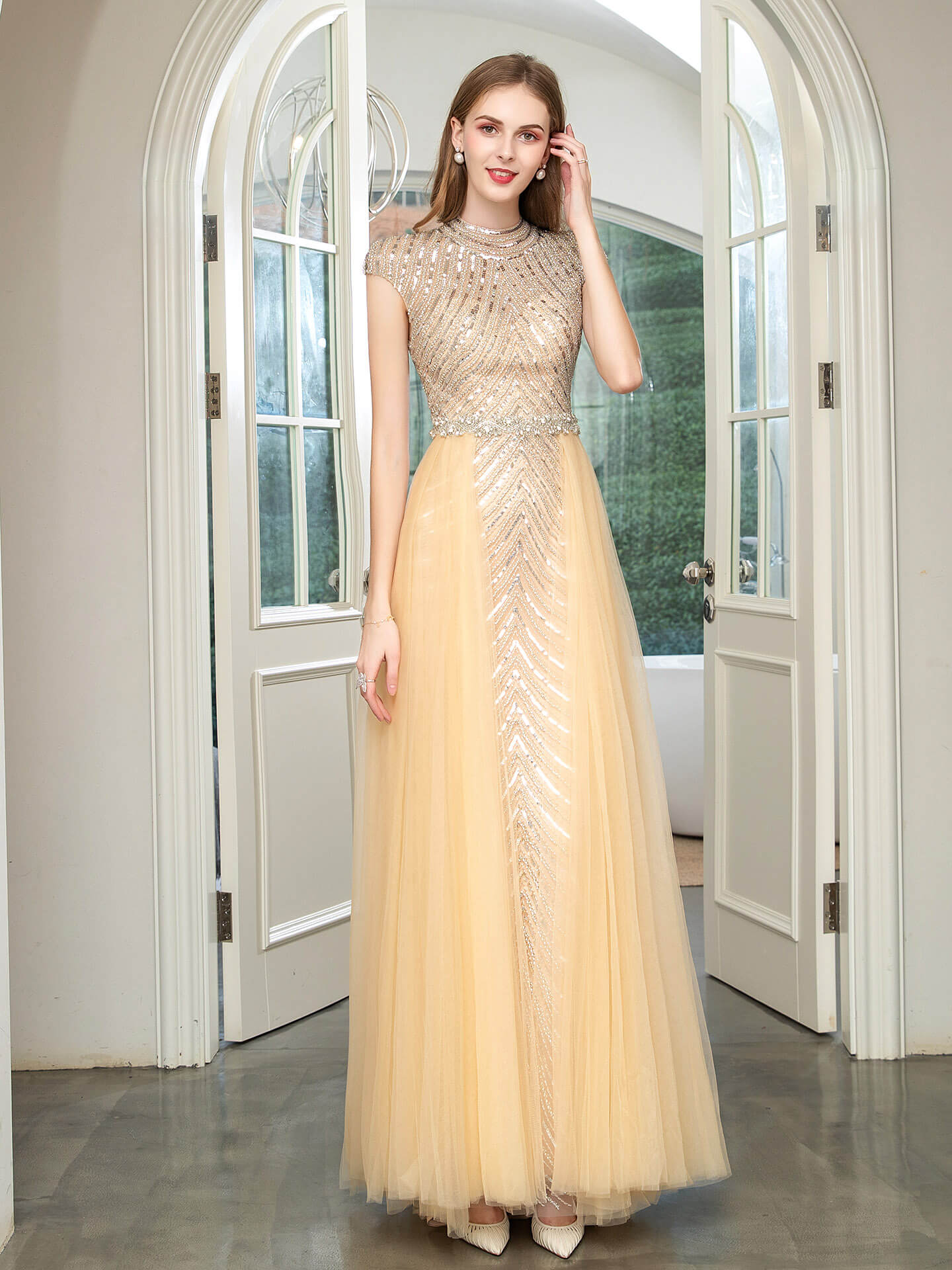 NumberSea - Numbersea Mermaid Beaded Luxurious Fashion Formal Evening Dresses Cap Sleeve Floor Length