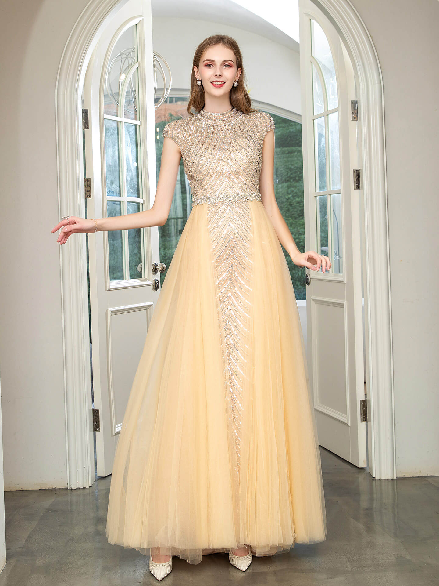 NumberSea - Numbersea Mermaid Beaded Luxurious Fashion Formal Evening Dresses Cap Sleeve Floor Length