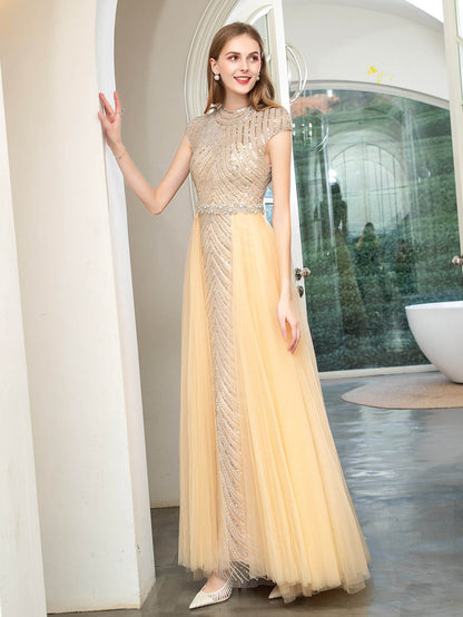 NumberSea - Numbersea Mermaid Beaded Luxurious Fashion Formal Evening Dresses Cap Sleeve Floor Length