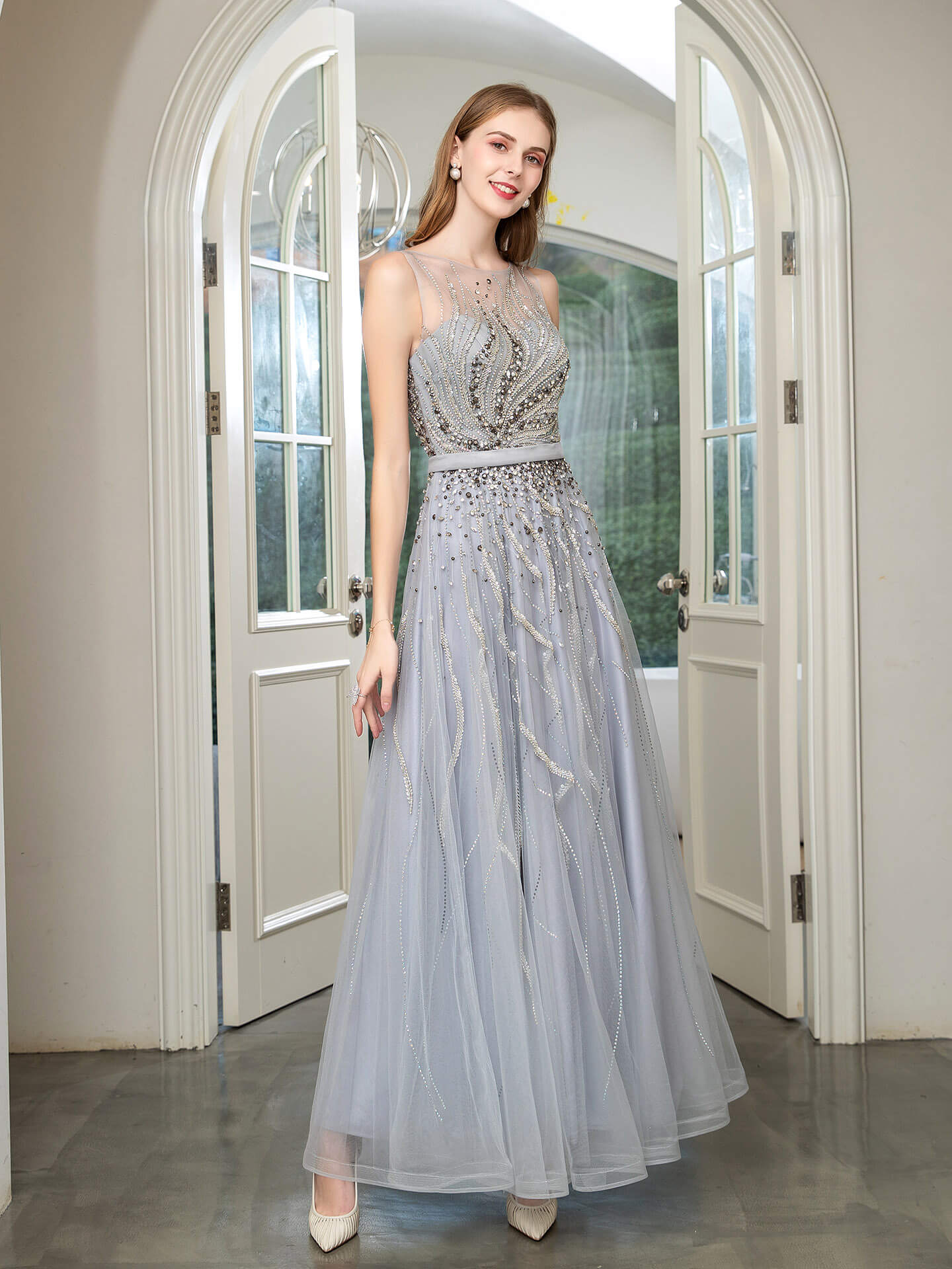 Numbersea A-line Beaded Luxurious Sexy Formal Evening Dresses Sleeveless Floor Length Prom Dresses