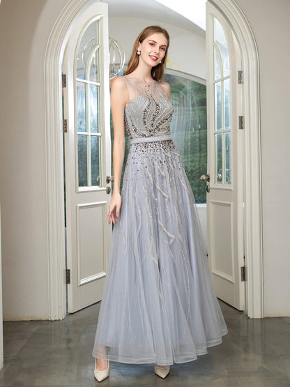 Numbersea A-line Beaded Luxurious Sexy Formal Evening Dresses Sleeveless Floor Length Prom Dresses