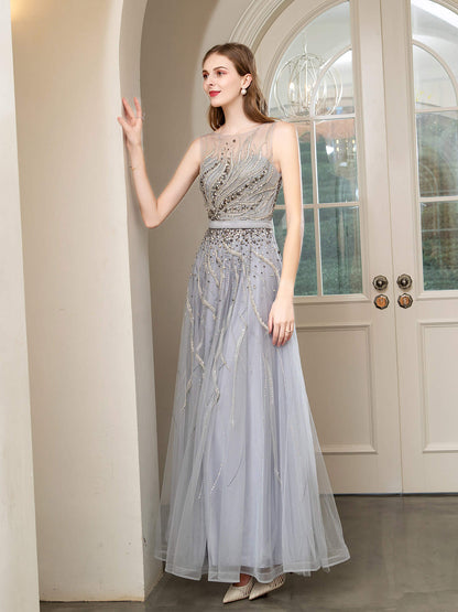 Numbersea A-line Beaded Luxurious Sexy Formal Evening Dresses Sleeveless Floor Length Prom Dresses