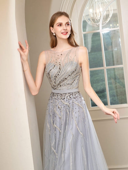 Numbersea A-line Beaded Luxurious Sexy Formal Evening Dresses Sleeveless Floor Length Prom Dresses