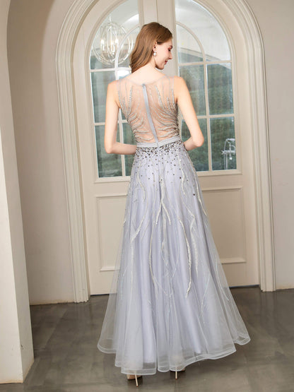 Numbersea A-line Beaded Luxurious Sexy Formal Evening Dresses Sleeveless Floor Length Prom Dresses