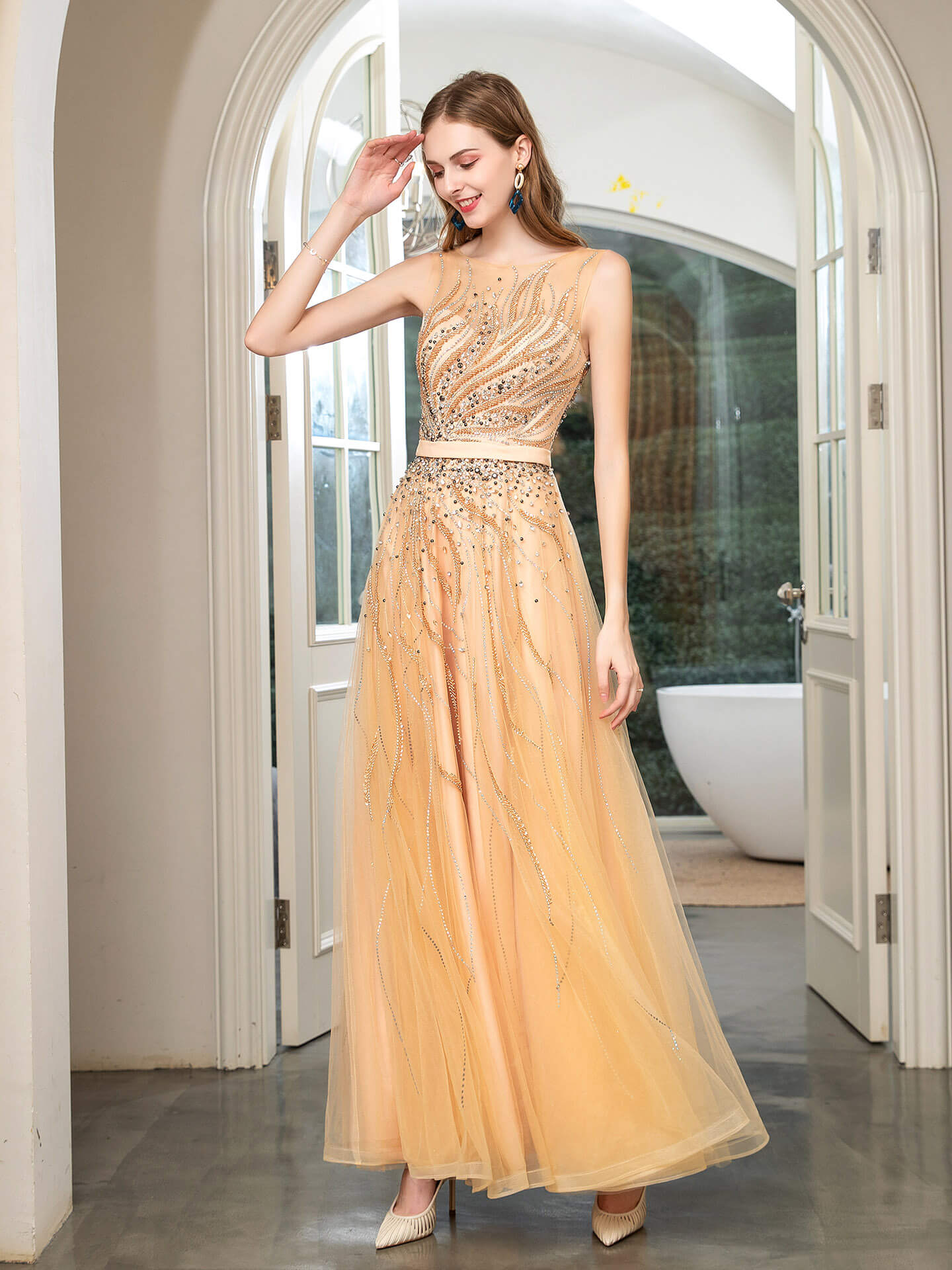 NumberSea - Numbersea A - line Beaded Luxurious Sexy Formal Evening Dresses Sleeveless Floor Length Prom Dresses