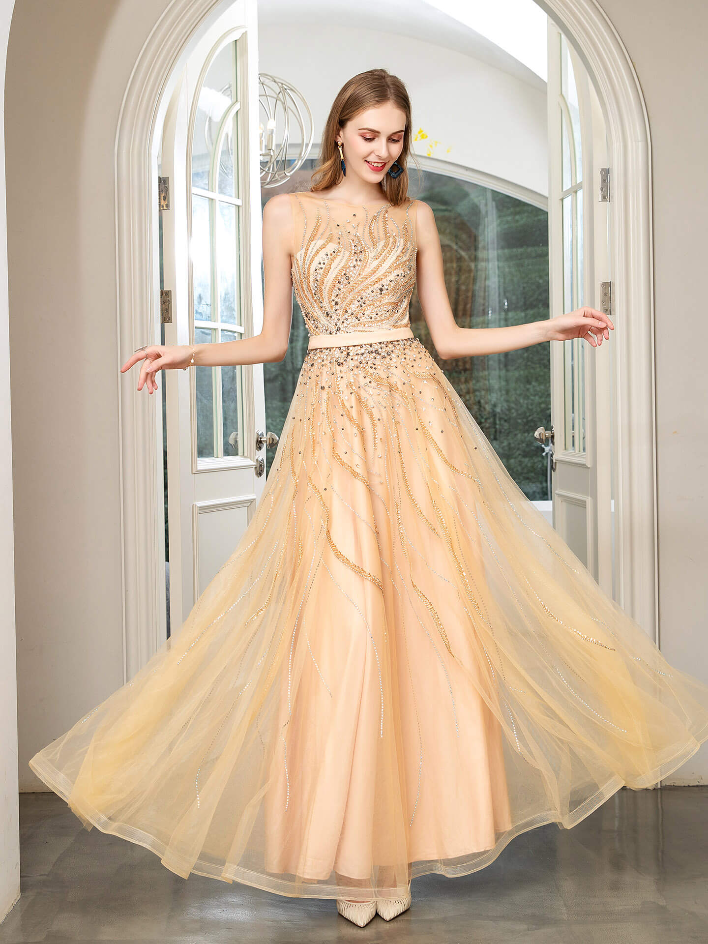 NumberSea - Numbersea A - line Beaded Luxurious Sexy Formal Evening Dresses Sleeveless Floor Length Prom Dresses