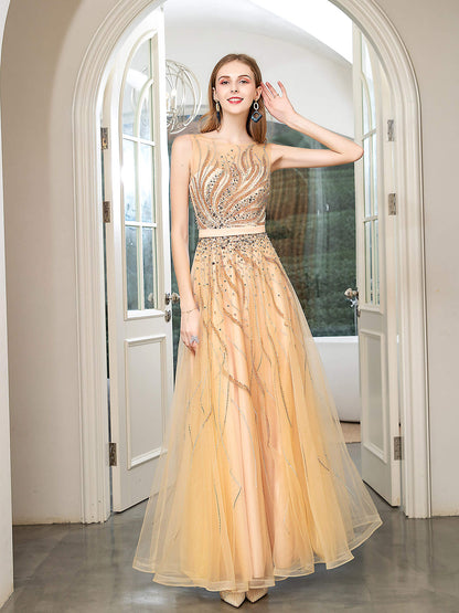 NumberSea - Numbersea A - line Beaded Luxurious Sexy Formal Evening Dresses Sleeveless Floor Length Prom Dresses