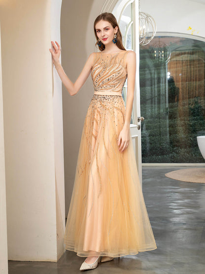 NumberSea - Numbersea A - line Beaded Luxurious Sexy Formal Evening Dresses Sleeveless Floor Length Prom Dresses