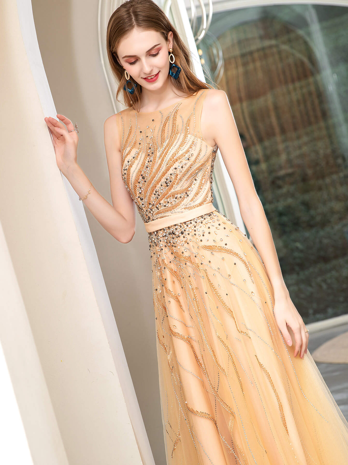 NumberSea - Numbersea A - line Beaded Luxurious Sexy Formal Evening Dresses Sleeveless Floor Length Prom Dresses