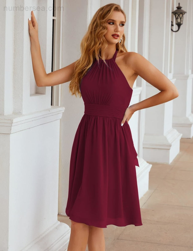 Numbersea Halter Chiffon Bridesmaid Dresses Short Sleeveless Formal Party Dress Open Back SEA28023 - numbersea