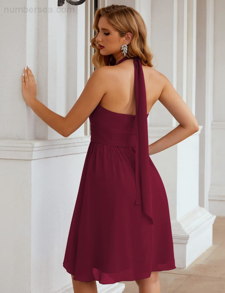 Numbersea Halter Chiffon Bridesmaid Dresses Short Sleeveless Formal Party Dress Open Back SEA28023 - numbersea