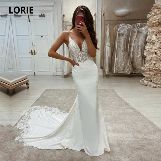 LORIE Boho Wedding Dresses V-Neck Appliques Lace Mermaid Elegant Wedding Gown Spaghetti Strap Sexy Country Bridal Dress 2021