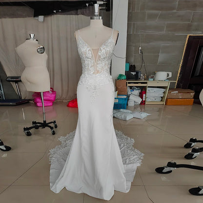 LORIE Boho Wedding Dresses V-Neck Appliques Lace Mermaid Elegant Wedding Gown Spaghetti Strap Sexy Country Bridal Dress 2021