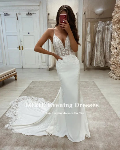 LORIE Boho Wedding Dresses V-Neck Appliques Lace Mermaid Elegant Wedding Gown Spaghetti Strap Sexy Country Bridal Dress 2021