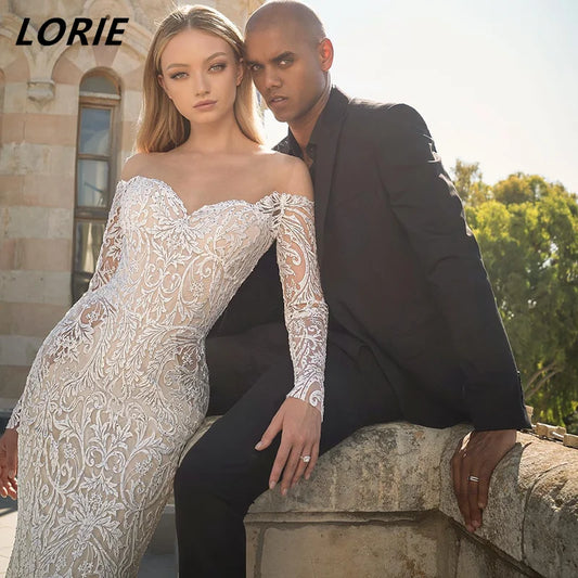 LORIE Cut-out Lace Off Shoulder Mermaid Wedding Dresses Sweetheart Long Sleeves Bodycon Bridal Gowns Backless Boho Bride Dress