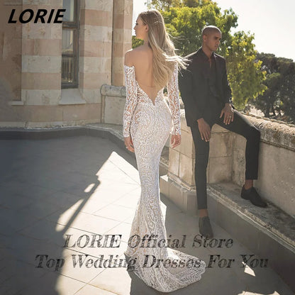 LORIE Cut-out Lace Off Shoulder Mermaid Wedding Dresses Sweetheart Long Sleeves Bodycon Bridal Gowns Backless Boho Bride Dress