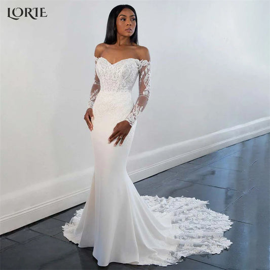 LORIE Vintage Lace Mermaid Wedding Dresses Off Shoulder Long Sleeves Appliques Bridal Gowns Backless Bodycon V-Neck Bride Dress