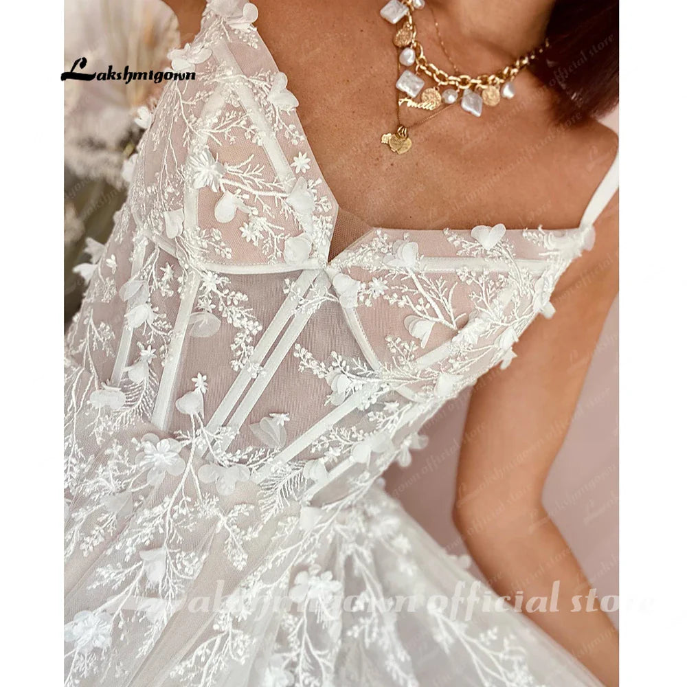 NumberSea NumberSea Boho Wedding Dress Lace Applqiues Floral Beading Backless Spaghetti Straps Bridal Gowns estido de noiva praiano