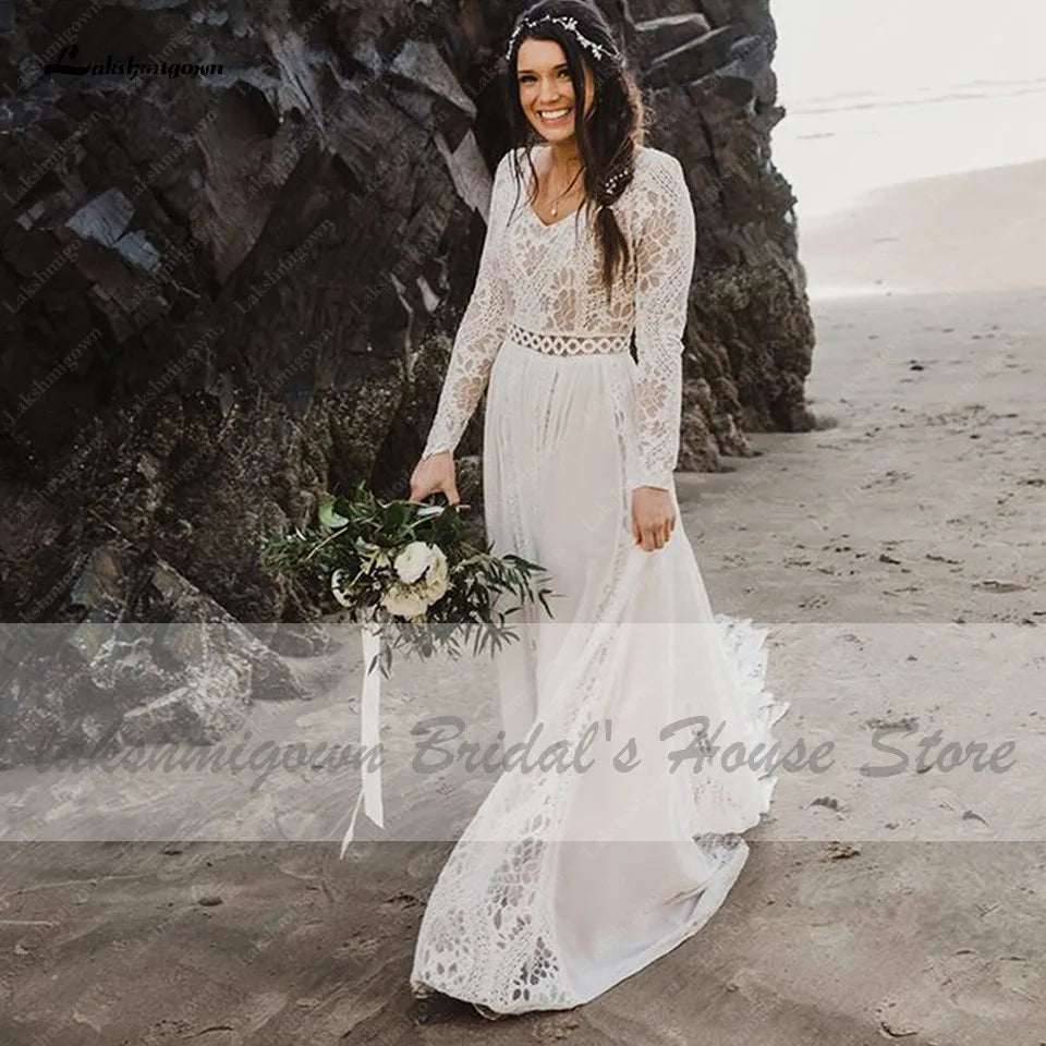 NumberSea NumberSea Hippie Lace Long Sleeve Dress Bridal Robe Sexy A Line Boho Wedding Dresses 2021 Plus Size Women Beach Wedding Gowns