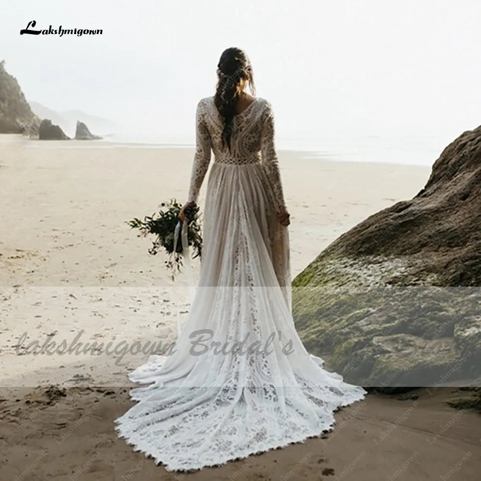 NumberSea NumberSea Hippie Lace Long Sleeve Dress Bridal Robe Sexy A Line Boho Wedding Dresses 2021 Plus Size Women Beach Wedding Gowns