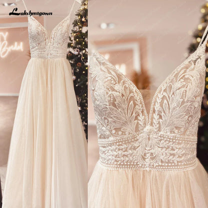 NumberSea NumberSea Spaghetti Straps Champagne Boho Wedding Dress For Women 2025 Vestido Civil Bridal Church Wedding Gowns suknie slubne