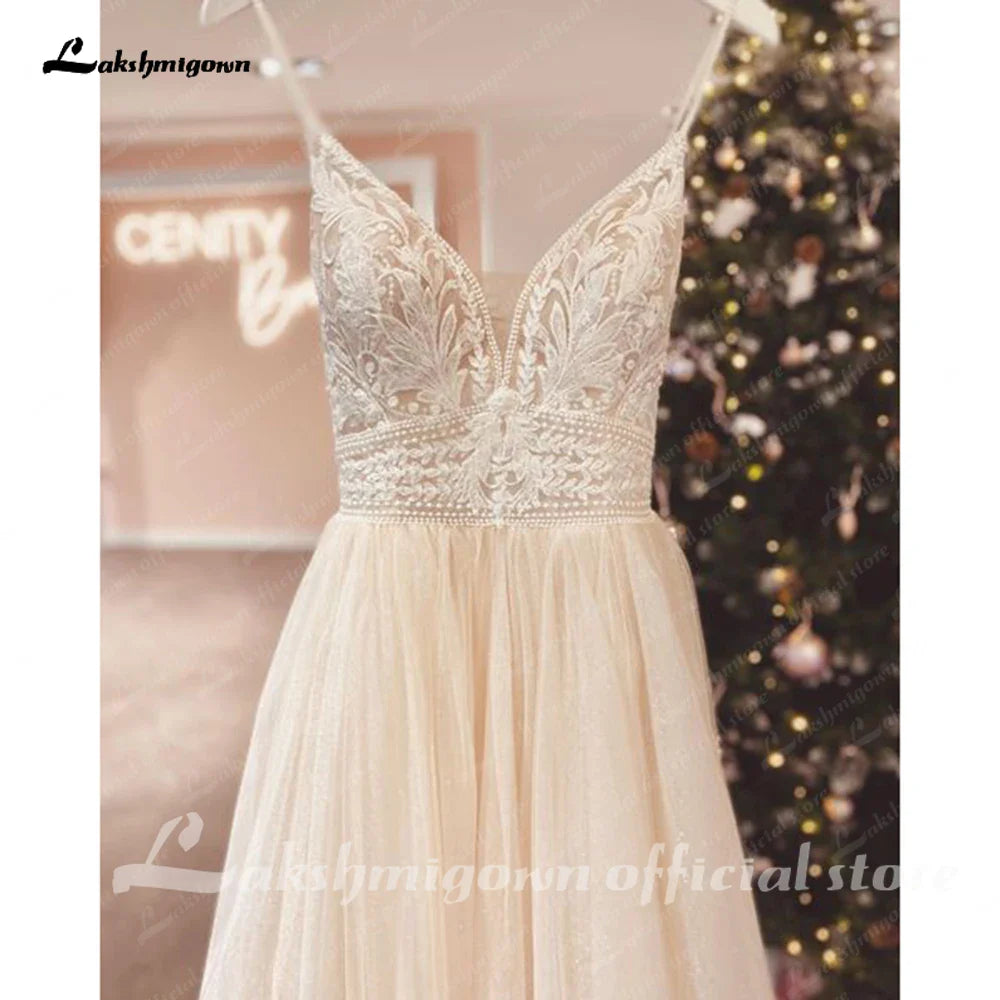 NumberSea NumberSea Spaghetti Straps Champagne Boho Wedding Dress For Women 2025 Vestido Civil Bridal Church Wedding Gowns suknie slubne