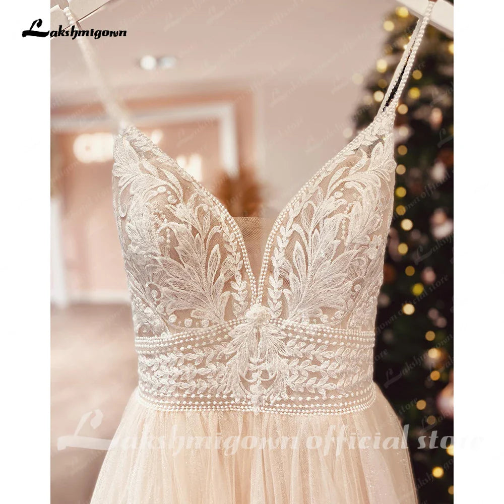 NumberSea NumberSea Spaghetti Straps Champagne Boho Wedding Dress For Women 2025 Vestido Civil Bridal Church Wedding Gowns suknie slubne