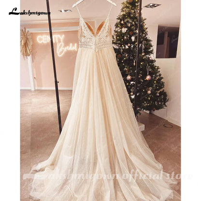 NumberSea NumberSea Spaghetti Straps Champagne Boho Wedding Dress For Women 2025 Vestido Civil Bridal Church Wedding Gowns suknie slubne