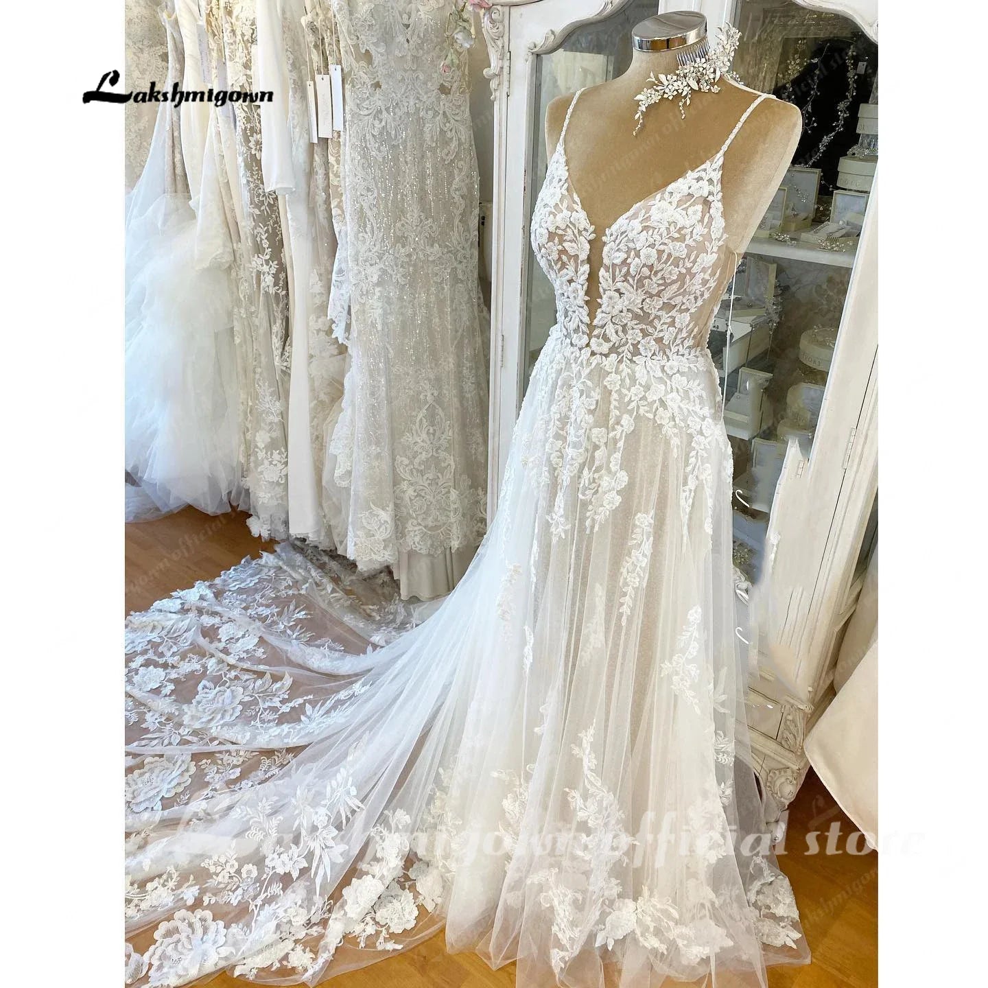 NumberSea NumberSea Spaghetti Straps Lace Wedding Dress Sexy Bridal Robe 2025 Plunging V Neck Tulle Boho Wedding Gown Abiti Sposa