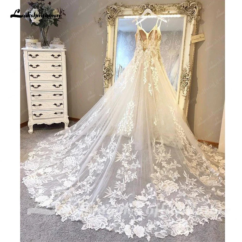 NumberSea NumberSea Spaghetti Straps Lace Wedding Dress Sexy Bridal Robe 2025 Plunging V Neck Tulle Boho Wedding Gown Abiti Sposa