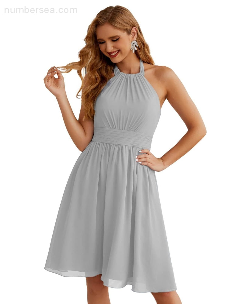 Numbersea Halter Chiffon Bridesmaid Dresses Short Sleeveless Formal Party Dress Open Back SEA28023 - numbersea