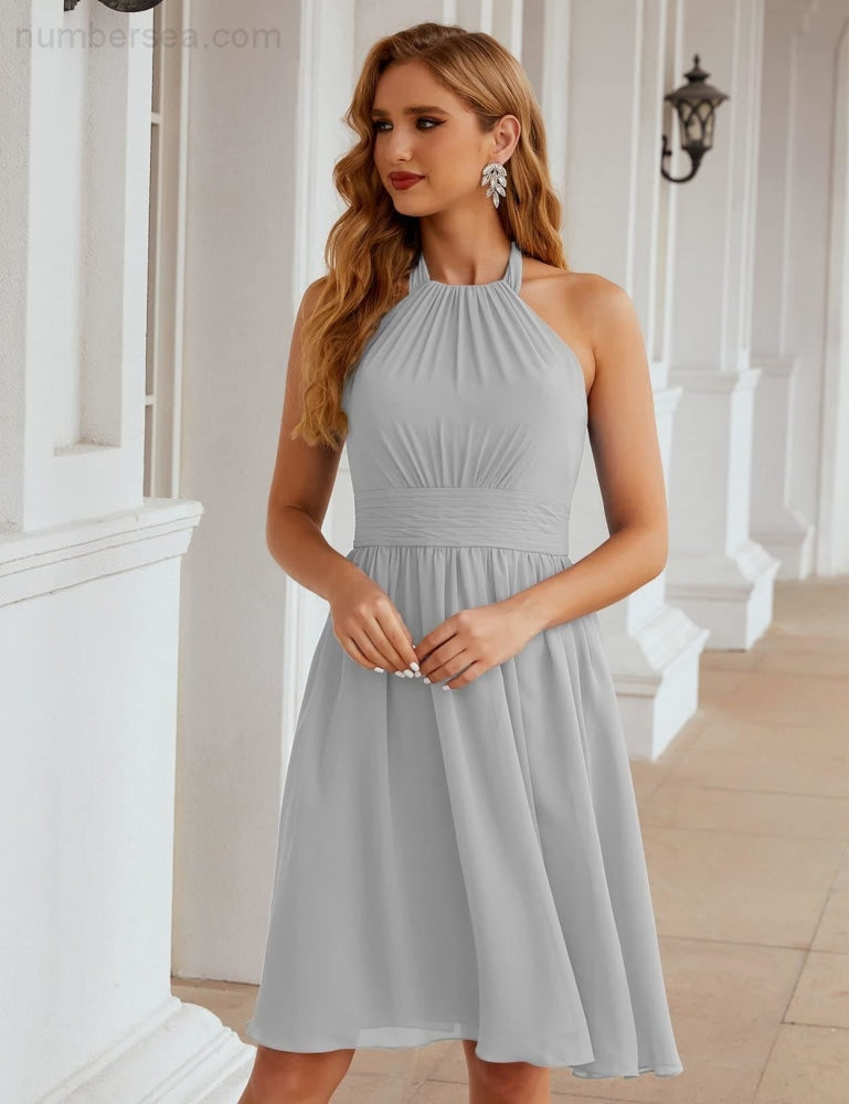 Numbersea Halter Chiffon Bridesmaid Dresses Short Sleeveless Formal Party Dress Open Back SEA28023 - numbersea