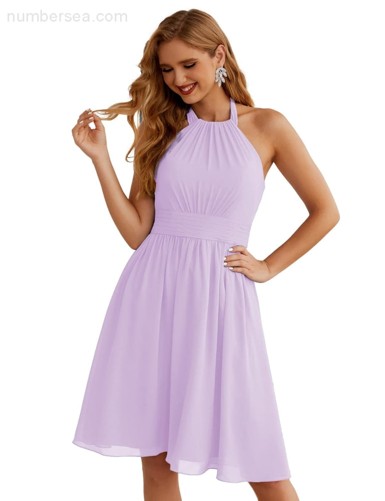 Numbersea Halter Chiffon Bridesmaid Dresses Short Sleeveless Formal Party Dress Open Back Sea28023