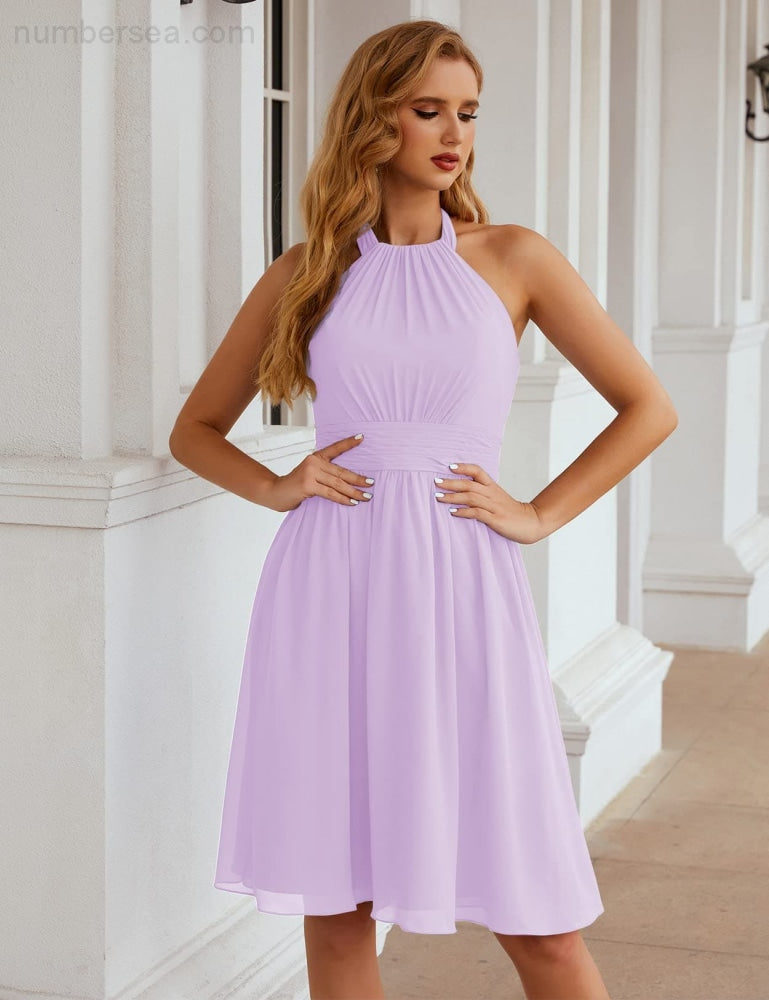 Numbersea Halter Chiffon Bridesmaid Dresses Short Sleeveless Formal Party Dress Open Back Sea28023